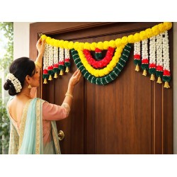 afarza Toran Artificial Marigold Flower Traditional Yellow Floral Toran with Bells | Multicolor Door Hanging for Home Décor-2601