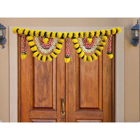 Toran Porta Festone Di Fiori Finti Di Calendula - Bandanwar Decorativo 105x36 Cm Per Diwali, Pooja E Decorazione Casa - Portafortuna Indiano