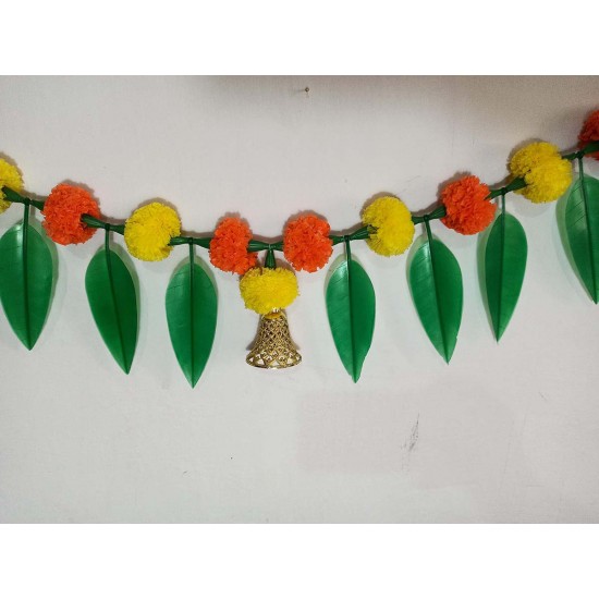 afarza Artificial Marigold Flower Toran Garlands Mango Leaves with Plastic Bell Door Wall Hanging Decoation Handmade Bandhanwar HomeTraditional 2 Piece Pack