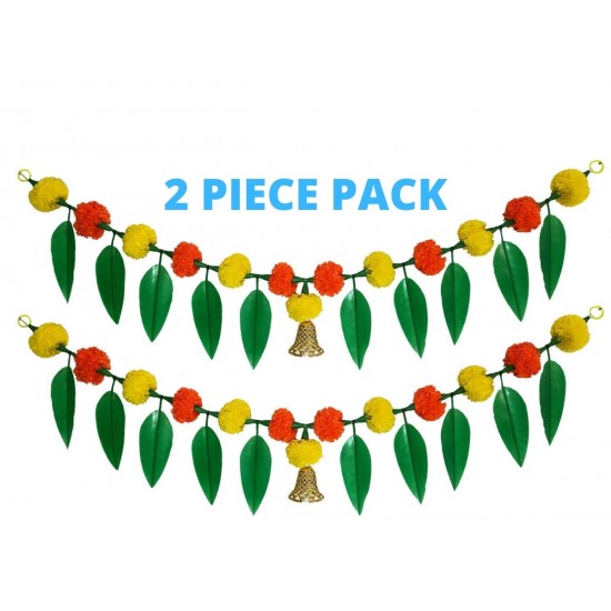 afarza Artificial Marigold Flower Toran Garlands Mango Leaves with Plastic Bell Door Wall Hanging Decoation Handmade Bandhanwar HomeTraditional 2 Piece Pack